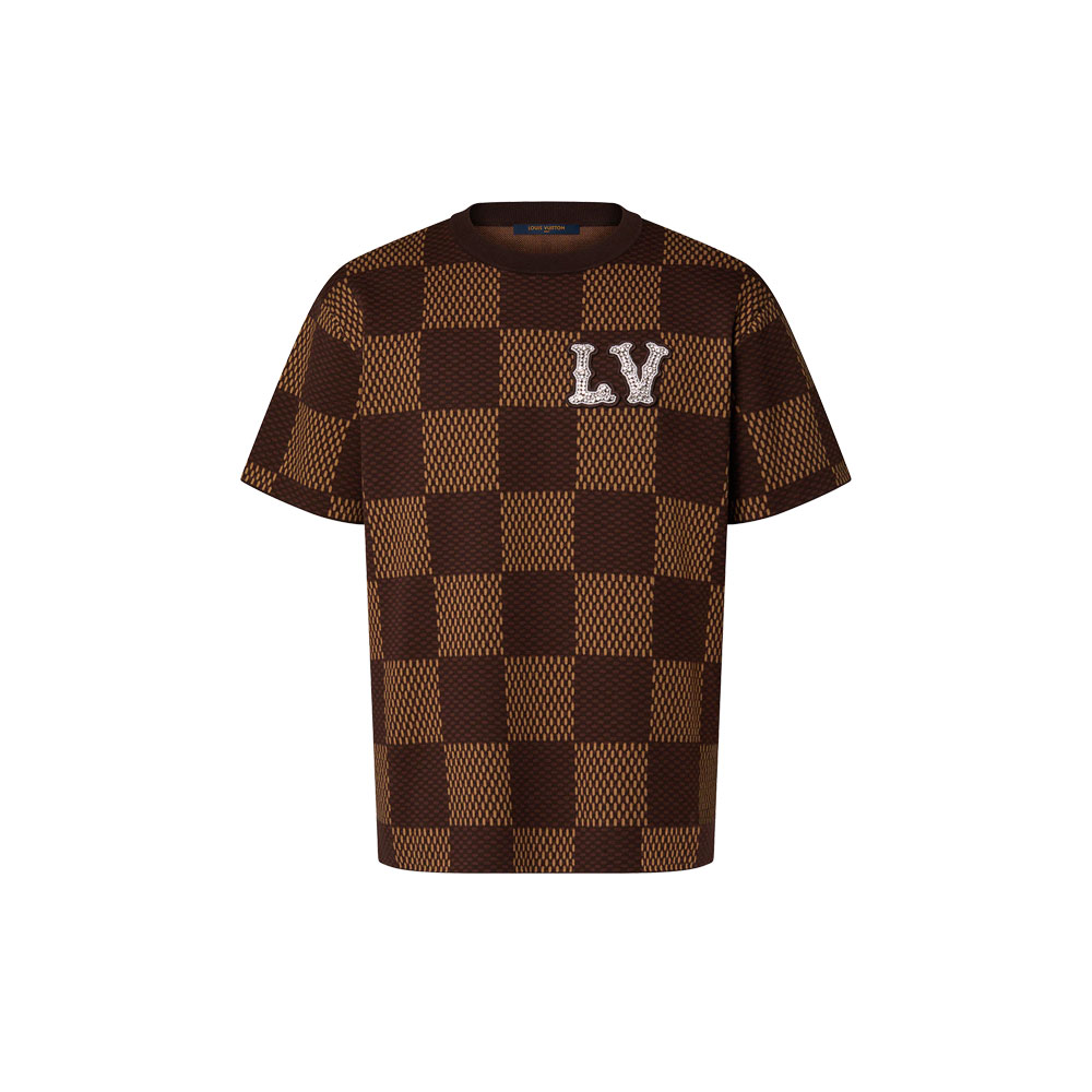 Short-Sleeved Cotton Damier Crewneck Crystal LV Patch 1AFIUS